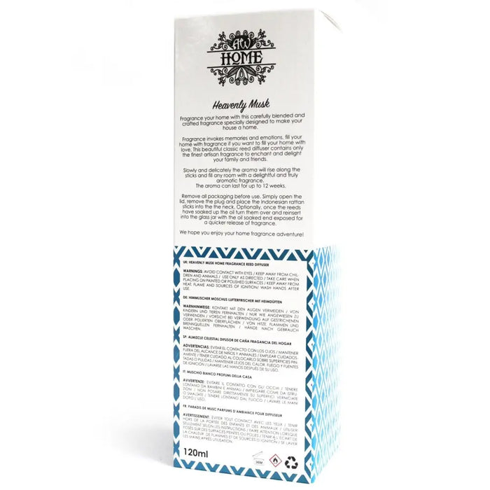 White rectangular box with black home logo and blue border for 120ml musk reed diffuser glass bottle heavenly musk