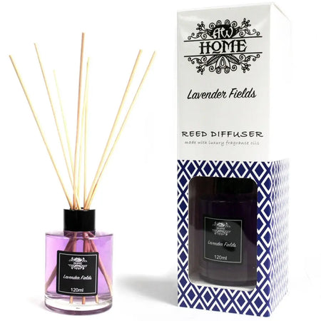 A 120ml glass bottle reed diffuser with lavender fields purple liquid and light wooden reeds topped with a black cap