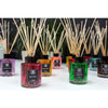 A collection of vibrant glass bottle reed diffusers with black caps labeled with jasmine wings and other scents