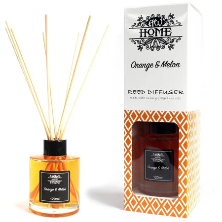 120ml orange and melon reed diffuser in a clear glass bottle with black cap and natural wooden reeds with oil that lasts