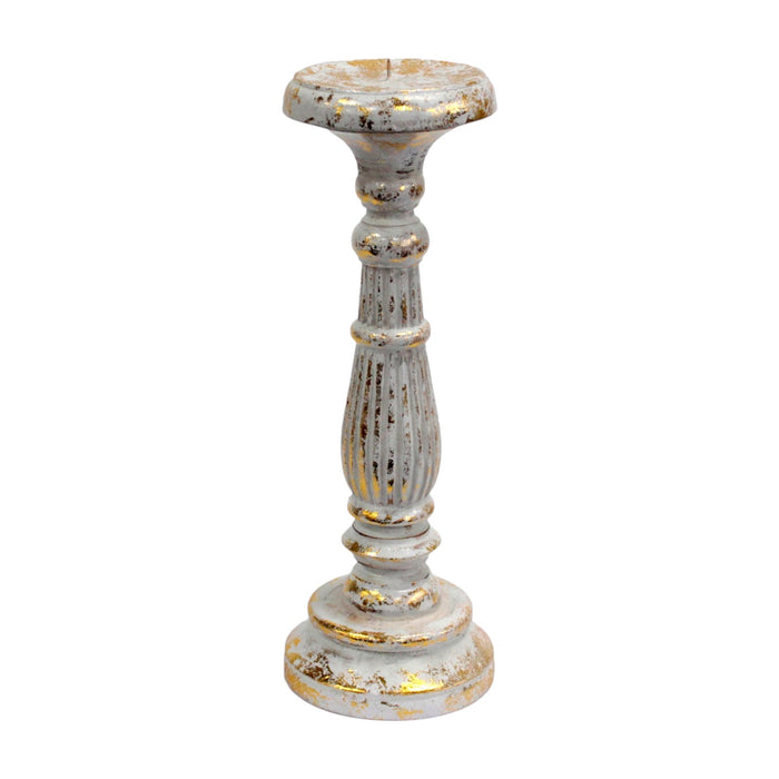 Medium Albasia Wood Candle Stand - White & Gold