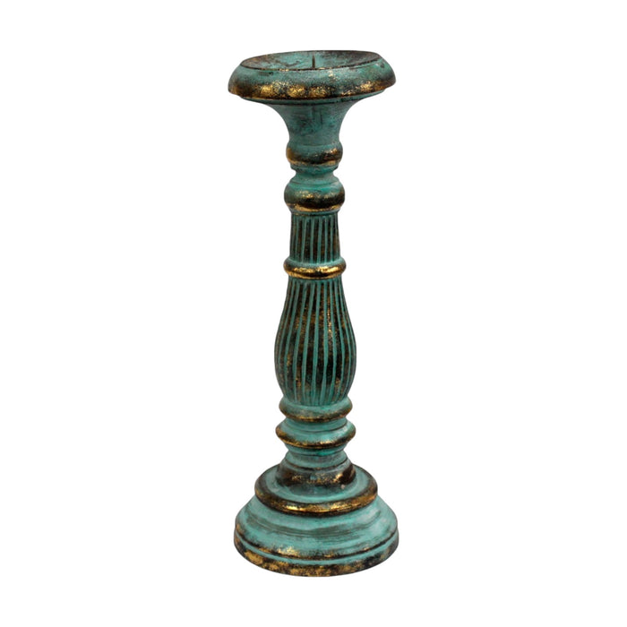 Medium Albasia Wood Candle Stand - Turquoise & Gold