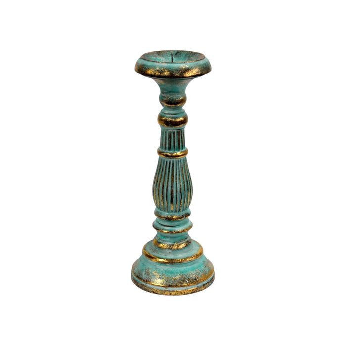 Small Albasia Wood Candle Stand - Turquoise & Gold