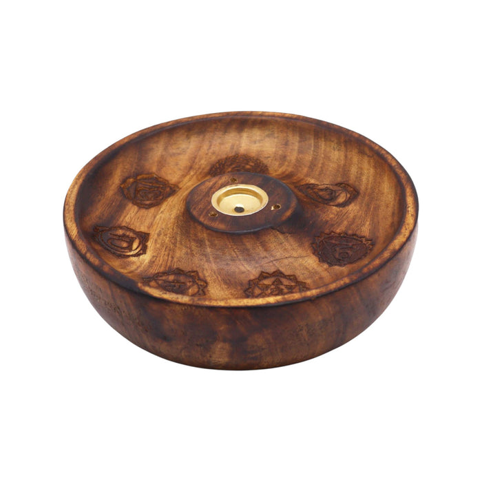 Räucherstäbchen- und Kegelhalter aus Mangoholz – 7 Chakren-Symbole