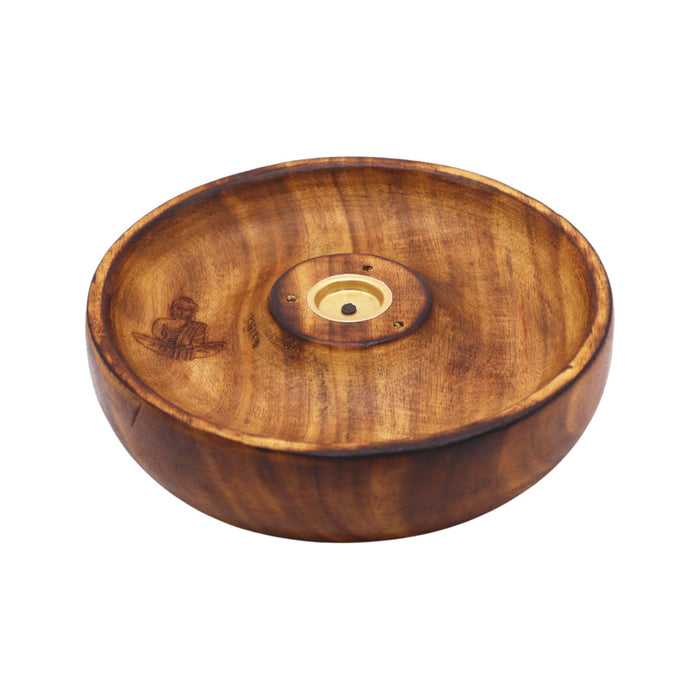 Räucherstäbchen- und Konusbrenner-Scheibe aus Mangoholz – Buddha-Symbol