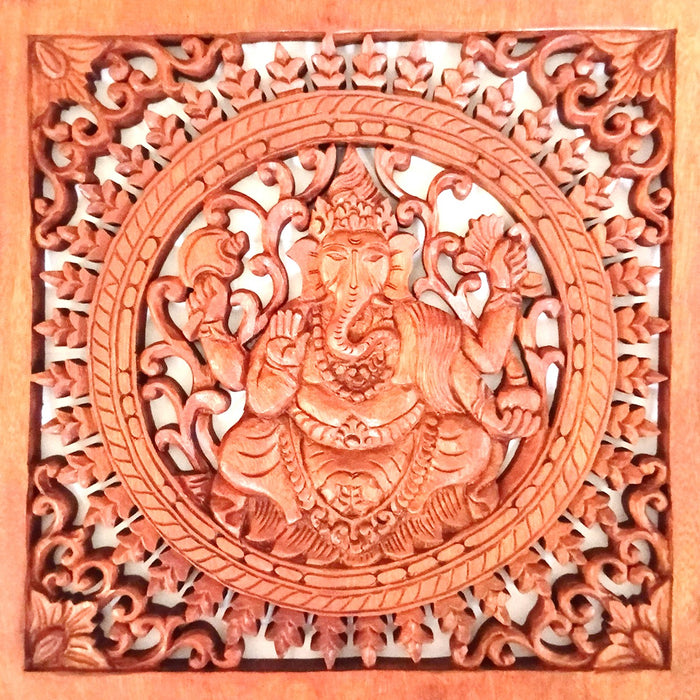 Hand-Carved Wooden Plaque - Ganesh, Square