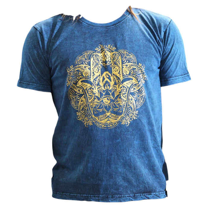 Stonewashed Baumwoll-T-Shirt – Hamsa, Blau (Medium)