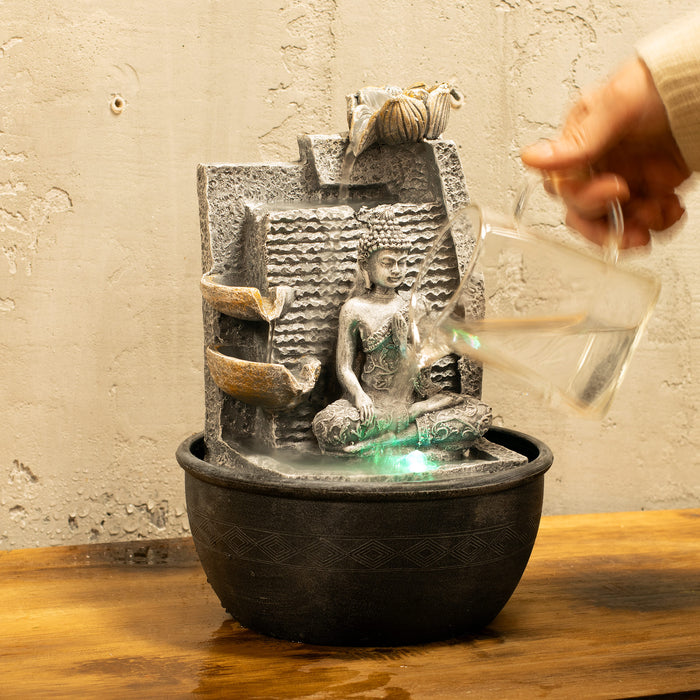 Tabletop Water Feature - Buddha, Lotus Flower & Cascading Pots
