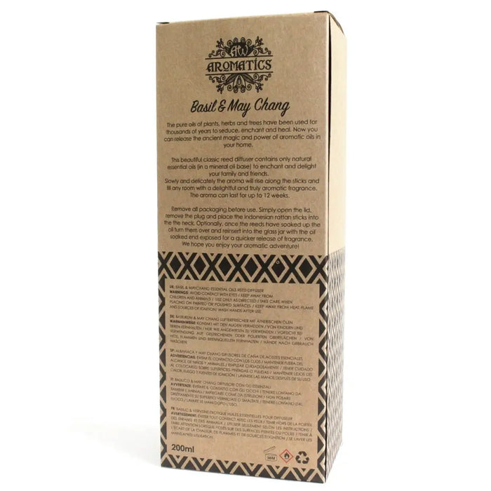 Brown cardboard box with black border for 200ml basil and maychang reed diffuser with chang essential oil base