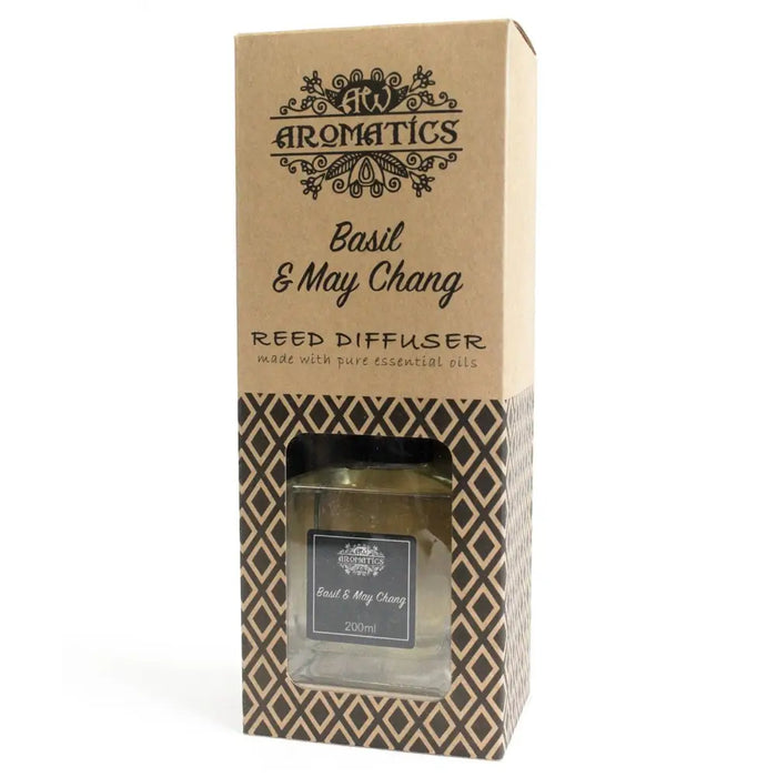 200ml basil and maychang essential oil reed diffuser in a clear glass bottle with eco-mineral oil base and black beige packaging