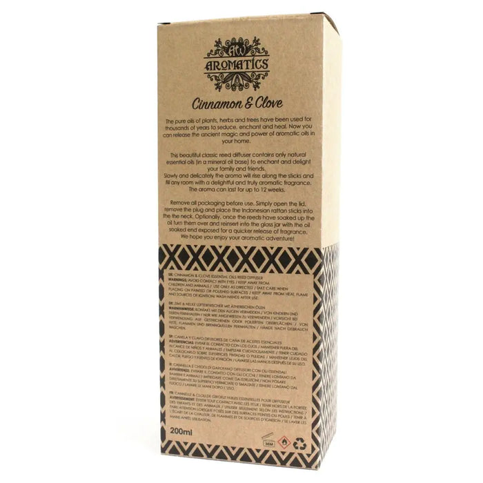 Kraft cardboard box with black logo for h2o aromatics 200ml cinnamon and clove reed diffuser with clove essential oil and rattan sticks