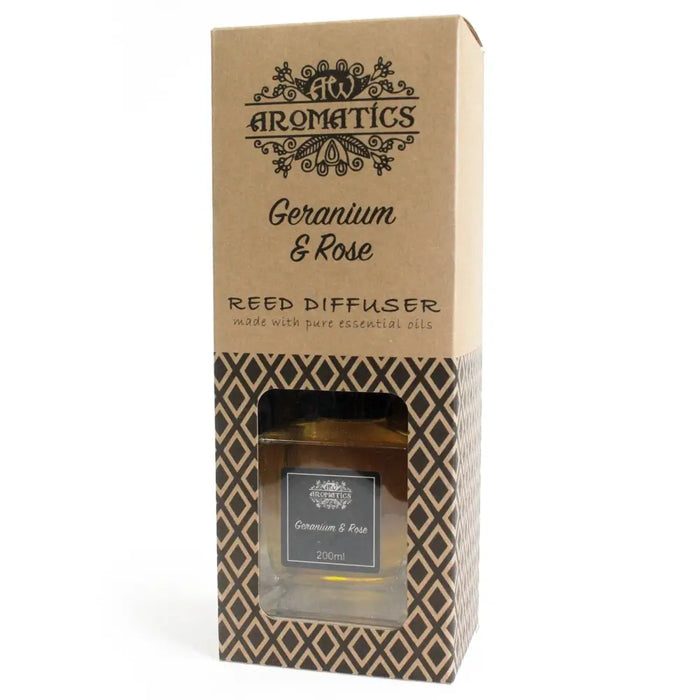 200ml geranium and rose essential oil reed diffuser with amber eco-mineral oil base and rattan sticks in patterned box