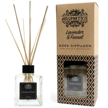 A clear glass 200ml lavender and fennel essential oil reed diffuser with black cap and natural rattan sticks