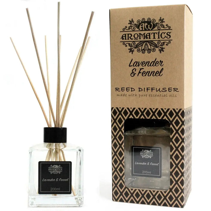 A clear glass 200ml lavender and fennel essential oil reed diffuser with black cap and natural rattan sticks