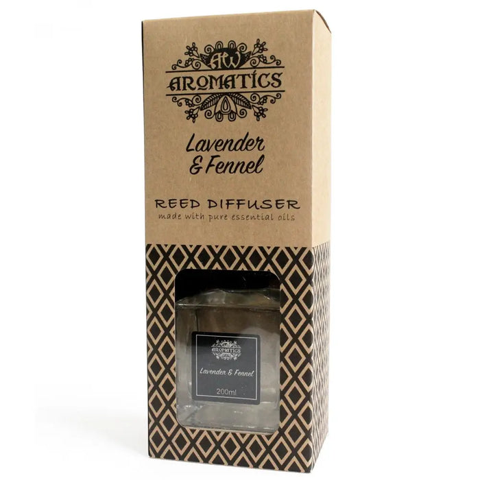A 200ml lavender and fennel essential oil reed diffuser in a clear glass bottle with rattan sticks and patterned packaging
