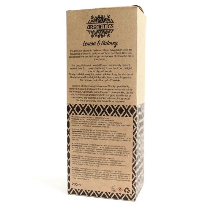 Kraft cardboard box with black ornate logo and geometric pattern for lemon and nutmeg essential oil diffuser with rattan sticks