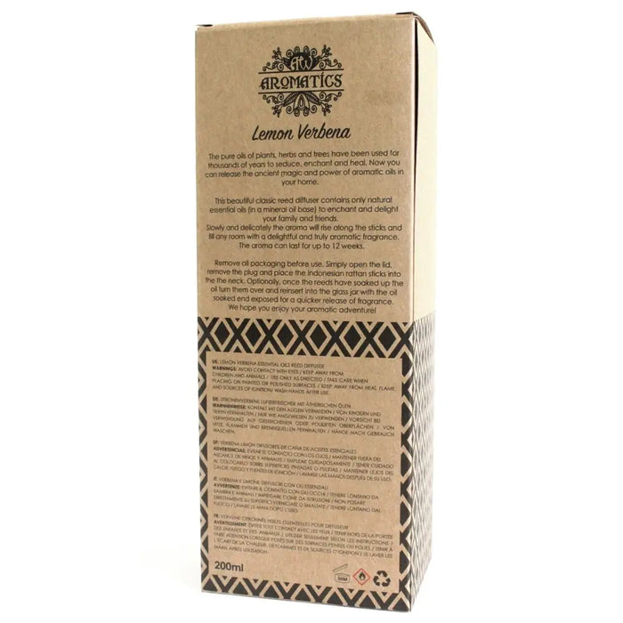 Brown cardboard box with black ornate logo for aw aromatics 200ml lemon verbena essential oil reed diffuser with eco-mineral oil base