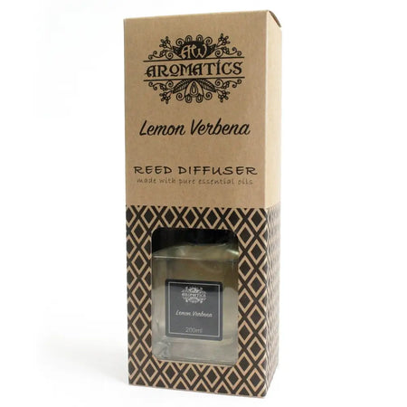 200ml lemon verbena essential oil reed diffuser with clear glass bottle and eco-mineral oil base in a brown patterned box