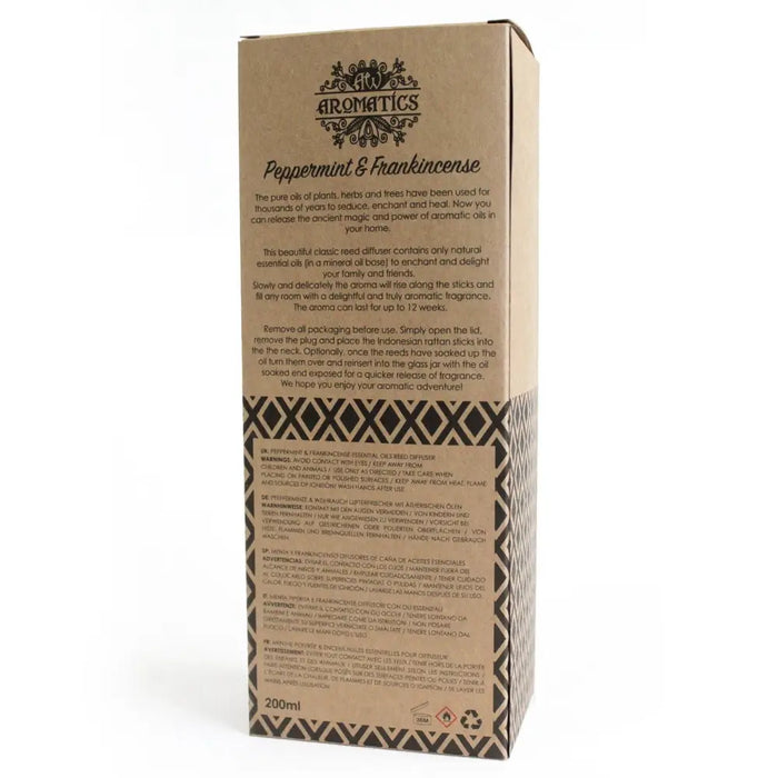 Brown cardboard box with black and white pattern labeled an aromatics peppermint and frankincense 200ml reed diffuser with rattan sticks and eco-mineral oil base