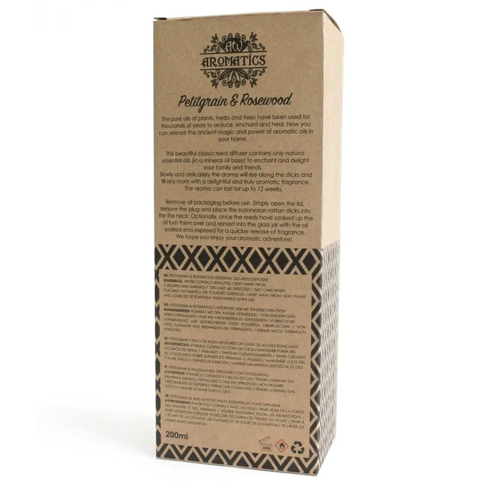 Brown cardboard box with black ornate logo for aw aromatics 200ml petitgrain rosewood essential oil diffuser with rattan sticks