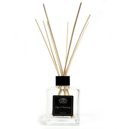 Clear glass 200ml reed diffuser with black cap, beige wooden reeds, rosemary essential oil and eco-mineral oil base