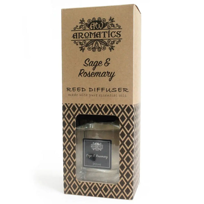 A clear glass reed diffuser with rosemary essential oil and eco-mineral oil base in a brown box with geometric patterns