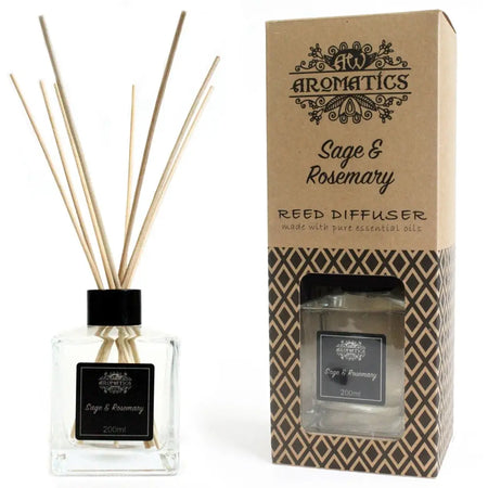 Clear glass reed diffuser with black cap and label featuring sage and rosemary scent with eco-mineral oil base