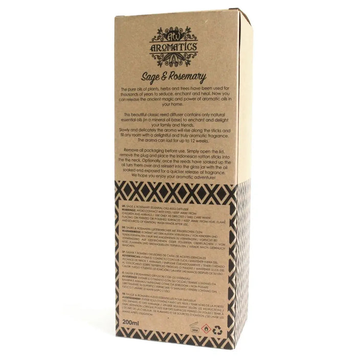 Kraft-colored cardboard box with black ornate logo and geometric border for 200ml sage rosemary reed diffuser with eco-mineral oil base