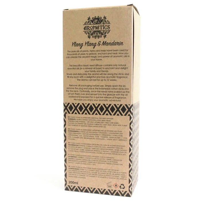 Kraft paper box with black and white pattern labeled aromatics for 200ml ylang ylang and mandarin essential oil diffuser