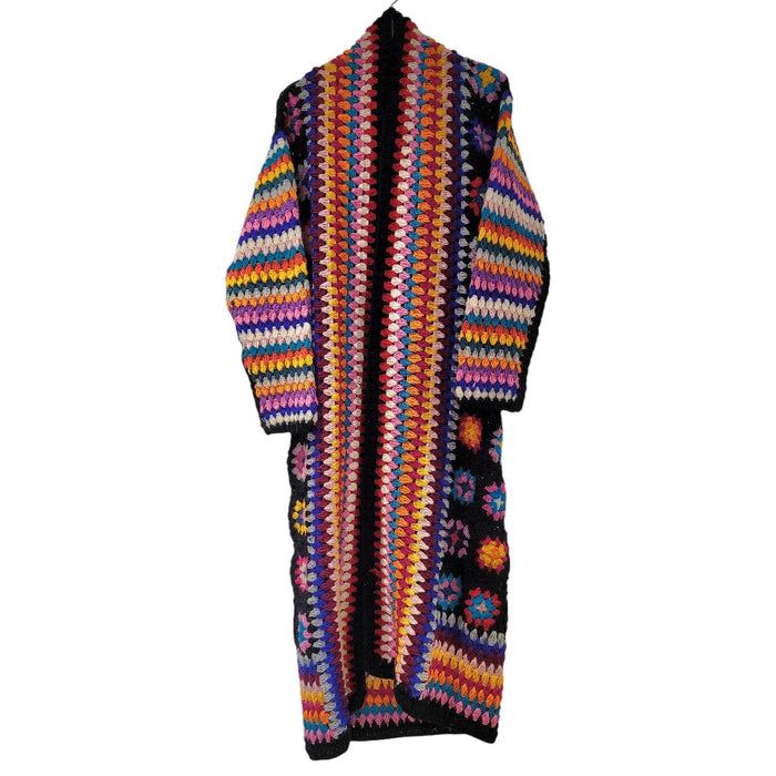 GRINGO FAIRTRADE 100% Wool Maxi Crochet-Knit Open Cardigan - Black/Multicolour