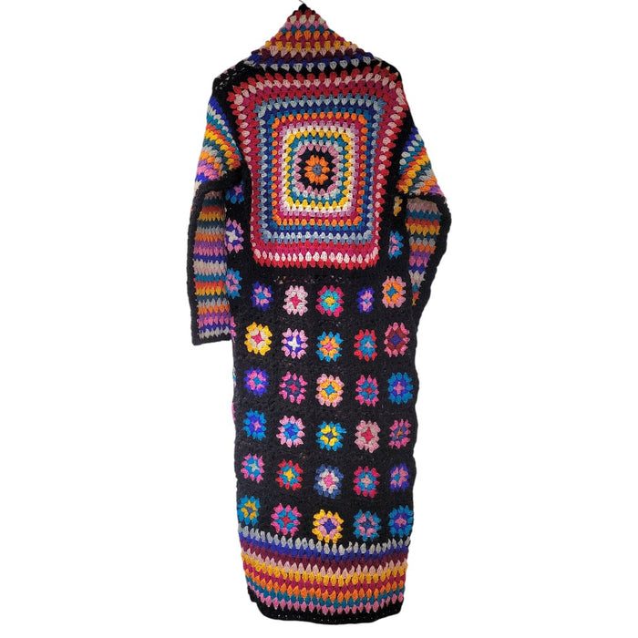 GRINGO FAIRTRADE 100% Wool Maxi Crochet-Knit Open Cardigan - Black/Multicolour