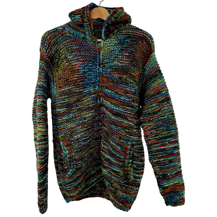 GRINGO FAIRTRADE 100% Wool Knitted Hoodie - Green/Blue Multi-Tonal