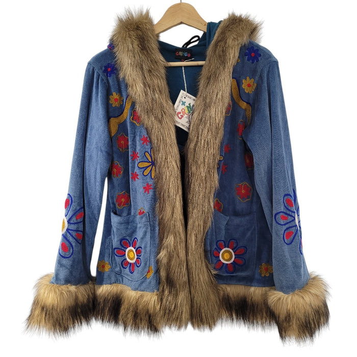 GRINGO FAIRTRADE Short Hooded Velvet Faux Fur Embroidered Coat - Blue