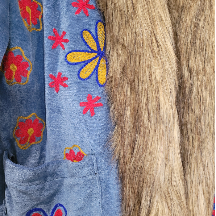GRINGO FAIRTRADE Short Hooded Velvet Faux Fur Embroidered Coat - Blue