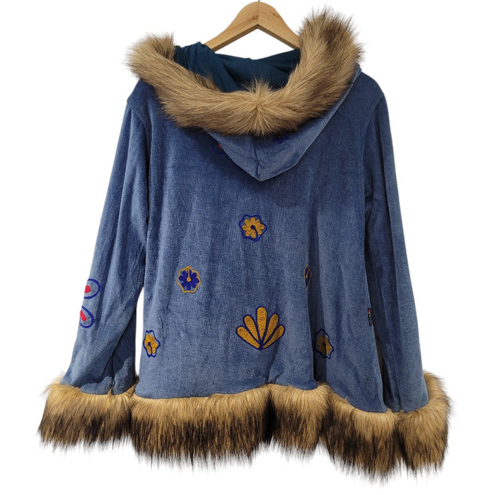 GRINGO FAIRTRADE Short Hooded Velvet Faux Fur Embroidered Coat - Blue