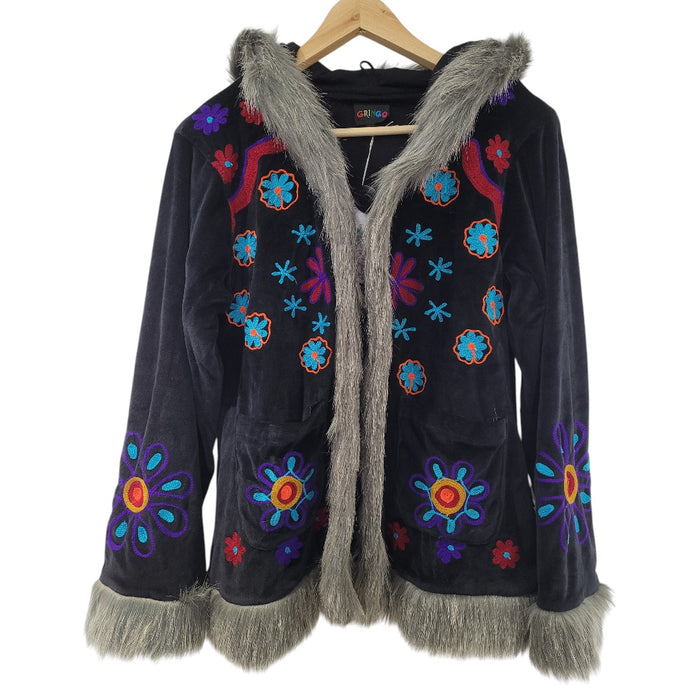 GRINGO FAIRTRADE Short Hooded Velvet Faux Fur Embroidered Coat - Black