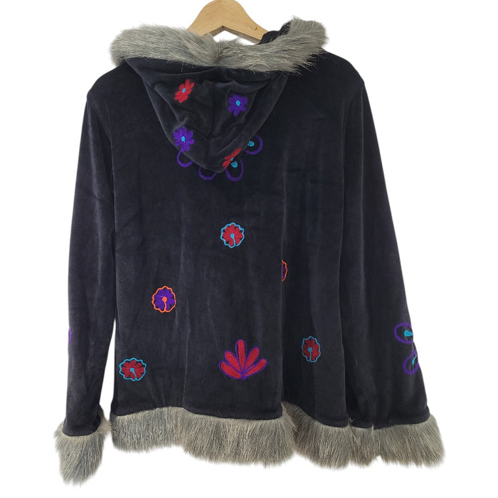 GRINGO FAIRTRADE Short Hooded Velvet Faux Fur Embroidered Coat - Black