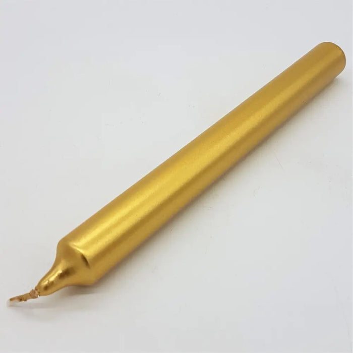 A sleek gold metallic 21cm non-drip bistro style dinner candle with a smooth finish and pointed wick sold individually