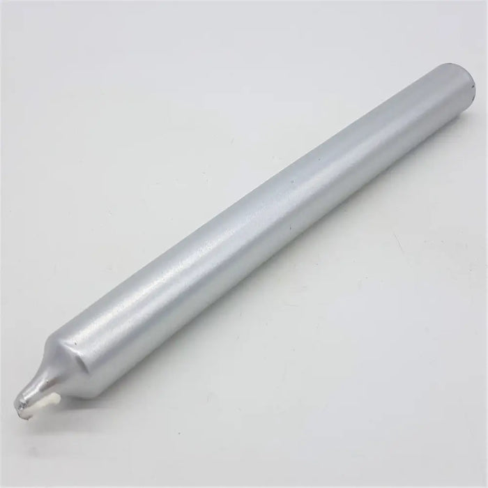Silver metallic non-drip bistro dinner candle sold individually with a smooth cylindrical body and tapered tip