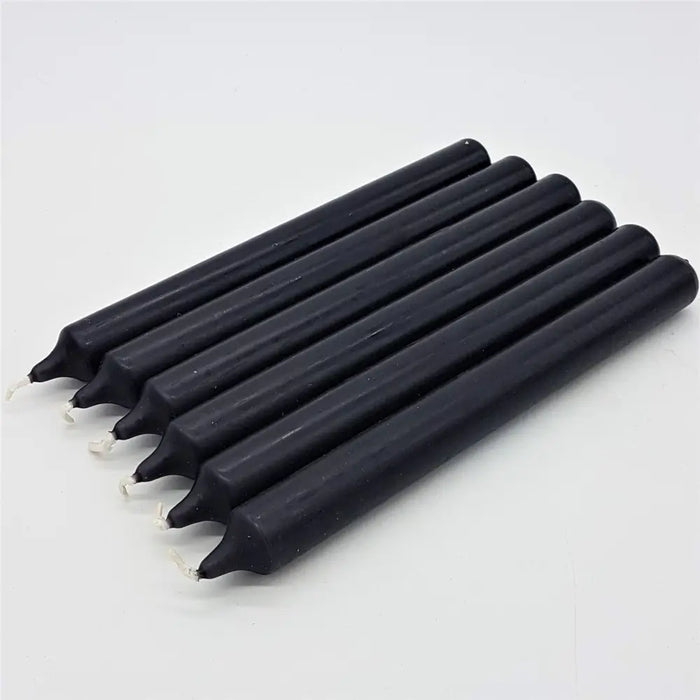 Six sleek black 21cm non-drip bistro dinner candles with matte finish and pointed tips sold individually