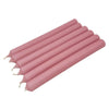 Six slender pink 21cm non-drip bistro taper candles with smooth surfaces sold individually for dinner use