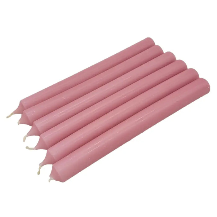 Six slender pink 21cm non-drip bistro taper candles with smooth surfaces sold individually for dinner use