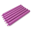 Six slender purple 21cm non-drip bistro wax dinner candles with tapered ends arranged diagonally sold individually