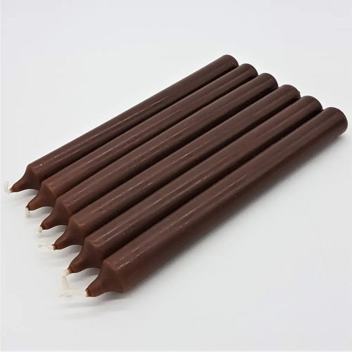 Six dark brown hexagonal 21cm non drip bistro taper candles with white wicks sold individually for dinner use