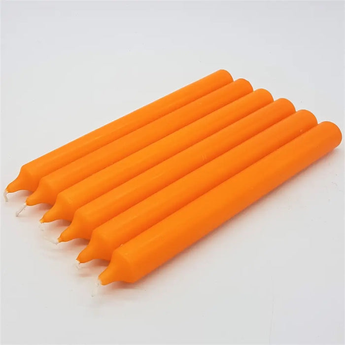 Six vibrant orange 21cm non-drip bistro dinner candles with smooth cylindrical bodies sold individually