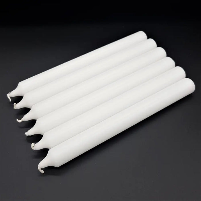 Six white 21cm non drip bistro dinner candles with smooth cylindrical bodies sold individually
