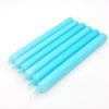 Six light blue 21cm non-drip bistro dinner candles with smooth cylindrical bodies and white wicks sold individually