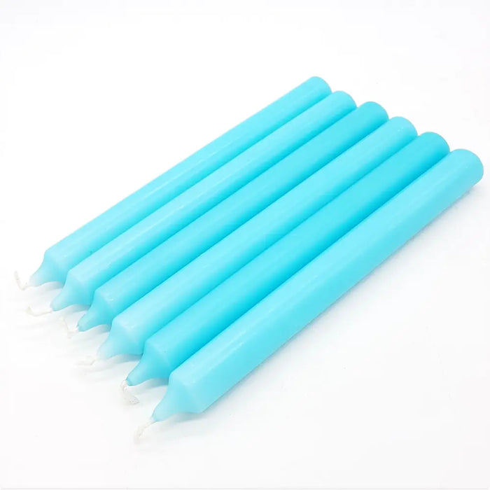 Six light blue 21cm non-drip bistro dinner candles with smooth cylindrical bodies and white wicks sold individually