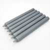 Six sleek matte gray 21cm non-drip bistro taper candles with smooth cylindrical bodies sold individually