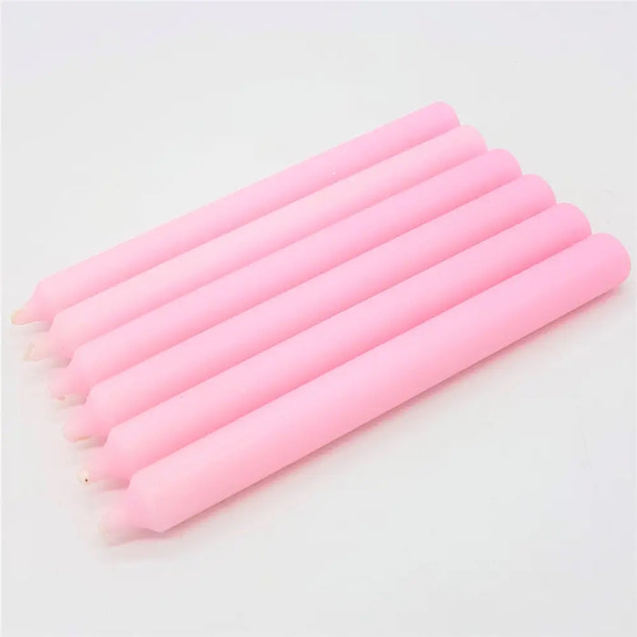 Six slender pink 21cm non-drip bistro dinner candles with smooth matte wax and tapered ends sold individually
